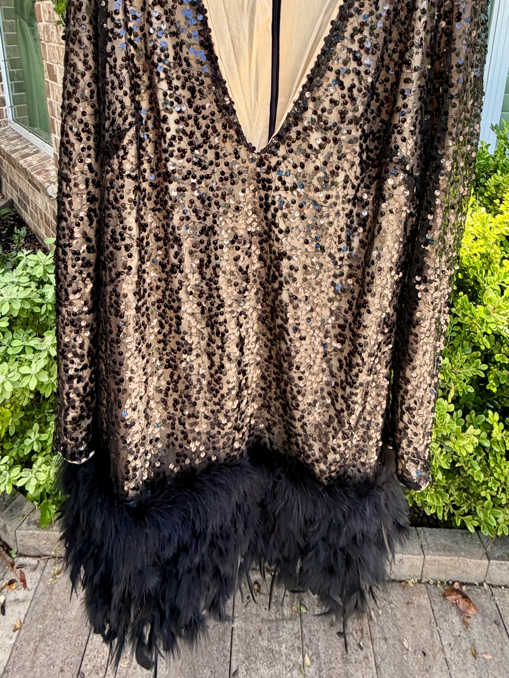 Black Sequin V-Neck Dress With Feather Hem Nwt